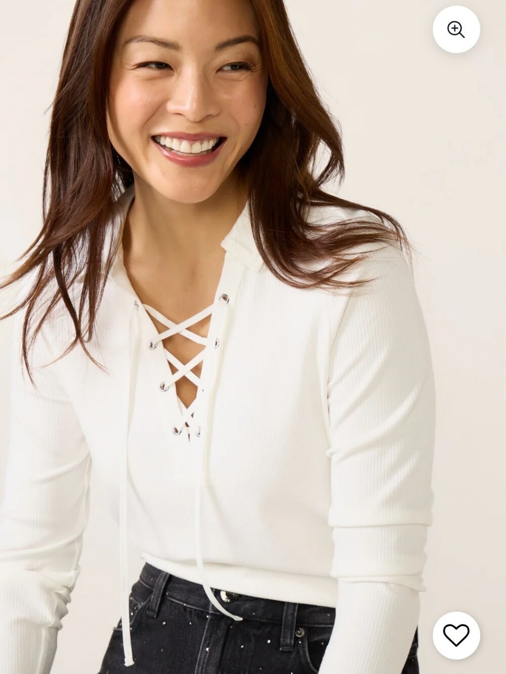 Evereve Cream Ribbed Lace-Up Collared Long Sleeve Top